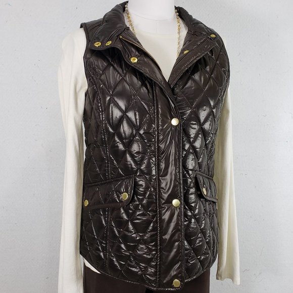 Talbots Dark Brown Fitted Quilted Vest Gold Zipper, Small, Like New - Picture 2 of 13